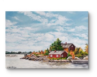 Peinture à l’huile de paysage nordique originale, peinture sur toile, panorama marin, paysage avec ciel large et nuages, maison du lac 50 x 35 cm