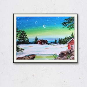 Nordic snowy panorama, Christmas landscape with Northern Lights. Small house in the snow, original painting on canvas board.