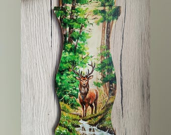 Pintura original sobre madera reciclada con ciervos, pintura mística de bosque, arte natural hecho a mano, decoración rústica única