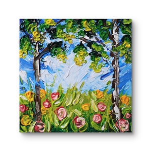 Flores abstractas pintadas con espátula sobre lienzo, base de lienzo pintada a mano, arte en relieve original. Mini lienzo, jardín de flores, decoración.