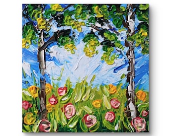 Peinture de fleurs abstraite réalisée au couteau à palette, peinture texturée, paysage abstrait, jardin avec roses. Prairie d'été avec arbres de 20 cm