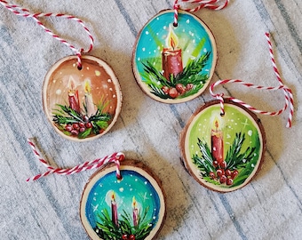 Hand Painted Christmas Wood Ornaments, Set of 4 Rustic Tree Decorations, Handmade Wooden Holiday Decor, Unique Christmas Gift