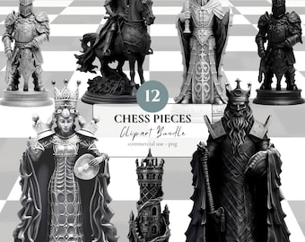 May include: A set of 12 chess pieces in a black and white color scheme. The pieces are made of a textured material and have a medieval design. The pieces are arranged on a black and white checkered board. The text "12 CHESS PIECES Clipart Bundle commercial use - png" is displayed on the image.