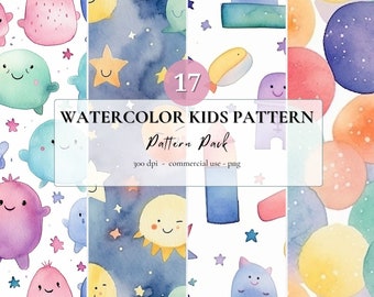 Watercolor Kids Pattern Bundle | 17 PNG | Digital download | Commercial use | Seamless Pattern