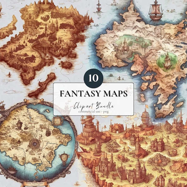 Ensemble de cliparts de cartes fantastiques | 10 PNG | Fantasy World Map Print RPG Dark Fantasy Imaginary World Sublimation Utilisation commerciale