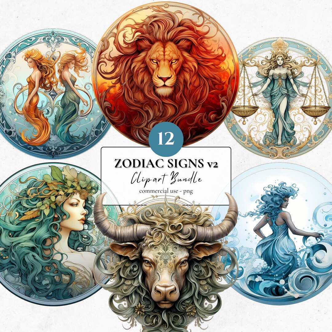 Zodiac Signs V2 Clipart Bundle 12 PNG Digital Download Commercial Use