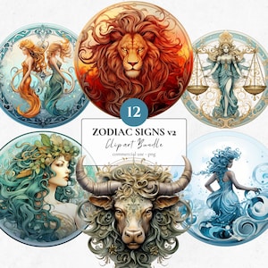 Zodiac Signs v2 Clipart Bundle | 12 PNG | Digital download | Commercial use | Sublimation