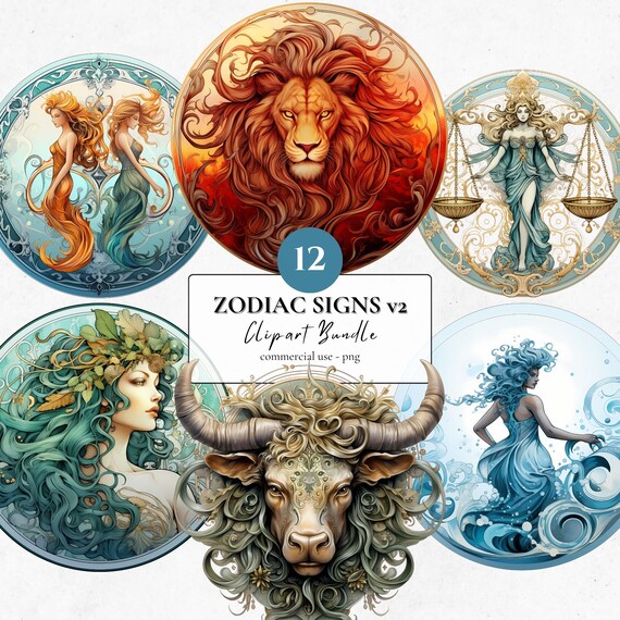 Zodiac Signs v2 Clipart Bundle | 12 PNG | Digital download | Commercial use | Sublimation