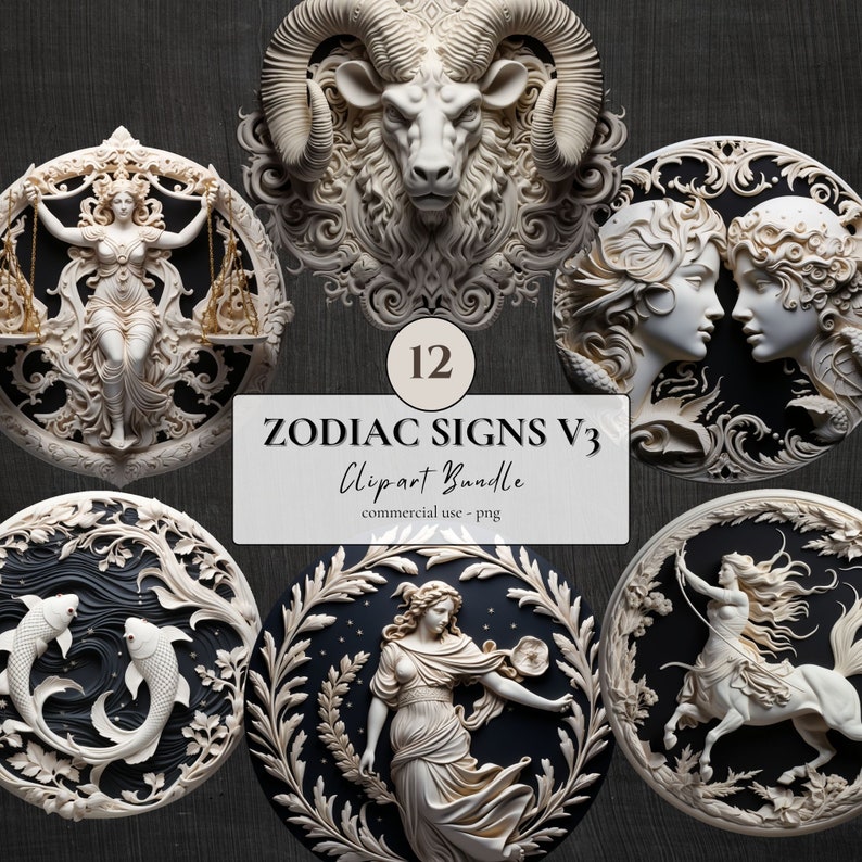 Puede incluir: Un conjunto de 12 im&aacute;genes de clipart de signos del zod&iacute;aco. Cada signo se representa en un marco circular con detalles intrincados y un esquema de color blanco y negro. Los signos incluyen Aries, Tauro, G&eacute;minis, C&aacute;ncer, Leo, Virgo, Libra, Escorpio, Sagitario, Capricornio, Acuario y Piscis.