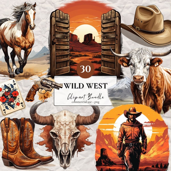 Wild West Clipart Bundle | 30 PNG | Western Clip Art Cowboy Sublimation Design Commercial Use Western Art