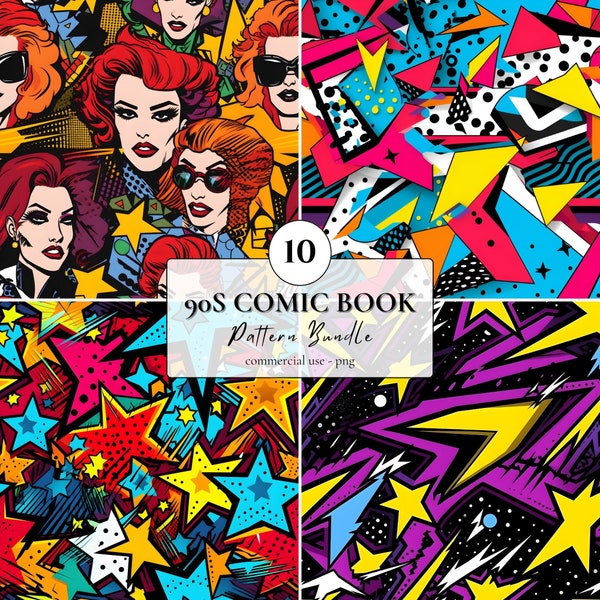 90s Comic Book Seamless Pattern Bundle | 10 PNG | 1990s Inspired Pattern Sublimation Print Seamless 90s Wallpaper Retro Party Digital Print