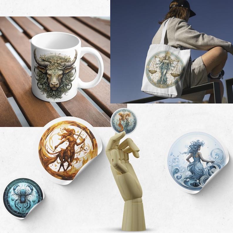 May include: White ceramic mug with a detailed illustration of a bull's head, and a white tote bag featuring a Libra zodiac design. Also, stickers with zodiac-themed illustrations, including a centaur, a crab, and a water-themed figure.