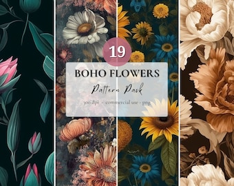 19 Boho Flowers Pattern Bundle - PNG - Digital download, Commercial use, Seamless Patterns