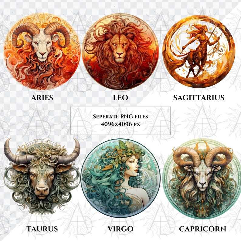 May include: Six round illustrations of zodiac signs: Aries, Leo, Sagittarius, Taurus, Virgo, and Capricorn. Each features a detailed depiction of the sign's symbol, with vibrant colors and intricate designs. The text "SEPERATE PNG FILES 4096x4096 PX" is also included.