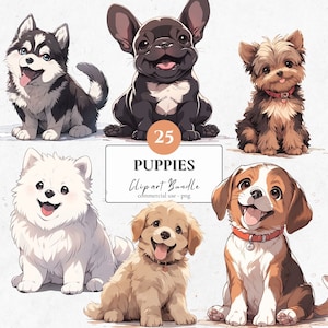 Puppies Clipart Bundle | 25 PNG | Cute Puppies Anime / Cartoon Style Sublimation Print Kawaii Baby Dogs Sticker Emote Puppy Adorable