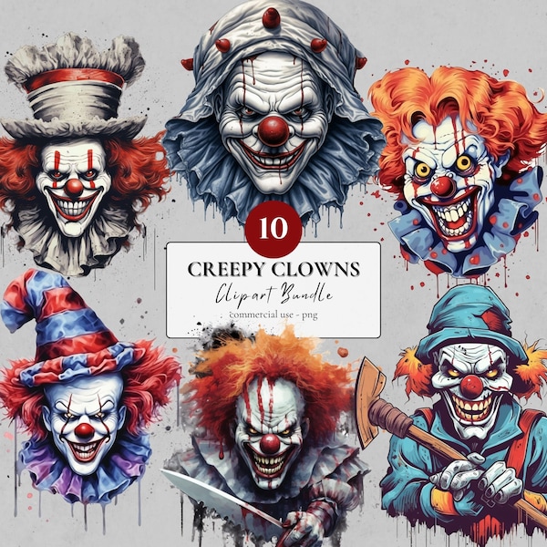 Creepy Clowns Clipart Bundle | 10 PNG | Halloween Themed Digital Art Spooky Print Sublimation Cricut Stickers Eerie Design Digital Print