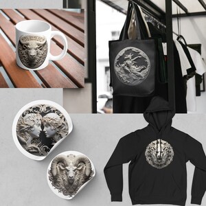 Puede incluir: Un conjunto de cinco productos diferentes con un dise&ntilde;o blanco en 3D esculpido. Los productos incluyen una taza de cer&aacute;mica blanca con una cabeza de toro, una bolsa de mano negra con una figura de mujer, una sudadera con capucha negra con una cabeza de carnero y dos pegatinas redondas con una cara de mujer y una cabeza de carnero.
