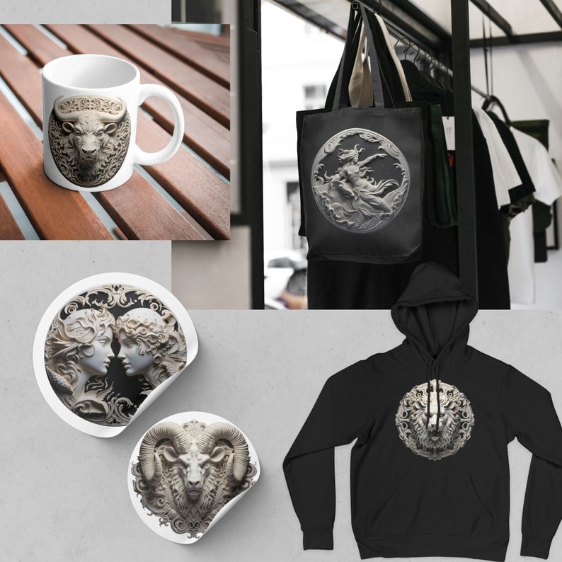 Puede incluir: Un conjunto de cinco productos diferentes con un dise&ntilde;o blanco en 3D esculpido. Los productos incluyen una taza de cer&aacute;mica blanca con una cabeza de toro, una bolsa de mano negra con una figura de mujer, una sudadera con capucha negra con una cabeza de carnero y dos pegatinas redondas con una cara de mujer y una cabeza de carnero.