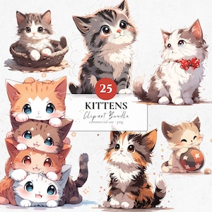 Kittens Clipart Bundle | 25 PNG | Cute Kittens Anime / Cartoon Style Sublimation Print Kawaii Baby Cats Sticker Emote Cats Adorable