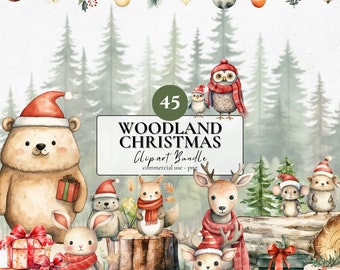 Woodland Christmas Clipart Bundle | 45 PNG | Woodland Animals Christmas Decor Sublimation Commercial Use Festive Clipart Christmas Gift