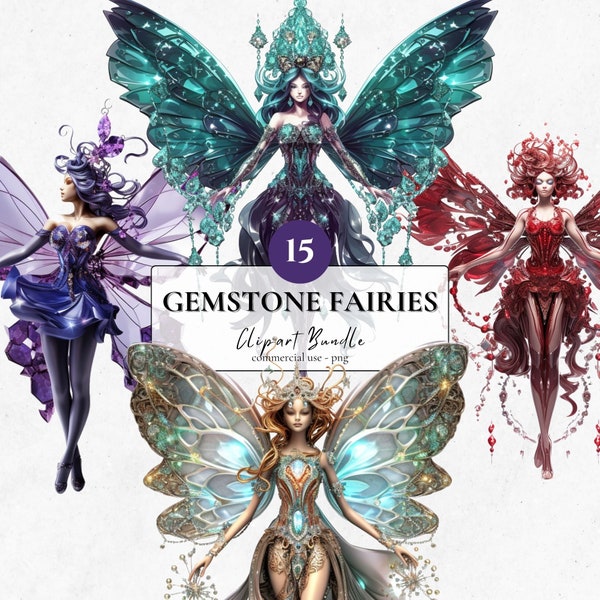 Gemstone Fairies Clipart Bundle | 15 PNG | Sublimation Print Crystal Clipart Digital Download Gem PNG Birthstones Commercial Use Fairy