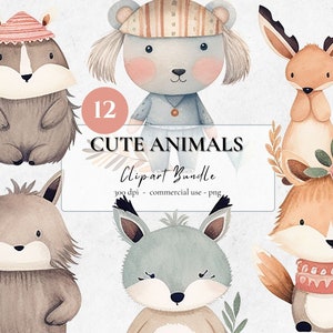 Cute Animals Clipart Bundle | 12 PNG | Digital download | Commercial use | Babyshower Nursery