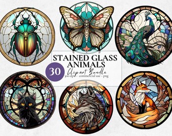 Bunt Glas Tiere Clipart Bundle | 30 PNG | Digitaler Download | Kommerzielle Nutzung | Vitrail Tiere