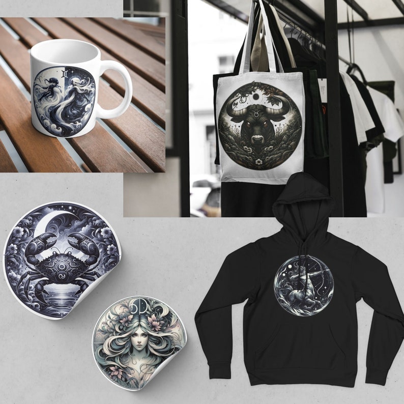 Op de afbeelding: Een set met producten met een dierenriemthema, waaronder een witte keramische mok met een blauwe en witte illustratie van een vrouw met een krab, een witte tote bag met een zwart-witte illustratie van een stier, een zwarte hoodie met een wit-grijze illustratie van een centaur en twee ronde stickers met illustraties van een krab en een vrouw met bloemen.