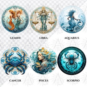 May include: Six round zodiac sign illustrations. Gemini features two figures with orange and teal dresses. Libra shows a woman holding scales. Aquarius depicts a woman in a blue dress. Cancer shows a blue crab. Pisces shows a woman with flowing blue hair. Scorpio shows a scorpion.