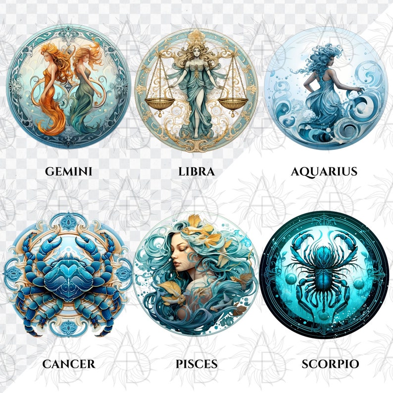 May include: Six round zodiac sign illustrations. Gemini features two figures with orange and teal dresses. Libra shows a woman holding scales. Aquarius depicts a woman in a blue dress. Cancer shows a blue crab. Pisces shows a woman with flowing blue hair. Scorpio shows a scorpion.
