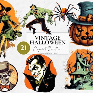 Vintage Halloween Clipart Bundle | 20 PNG + 1 Seamless Pattern | 1930s Comic Book Style | Retro Spooky Art Printable Halloween Stickers