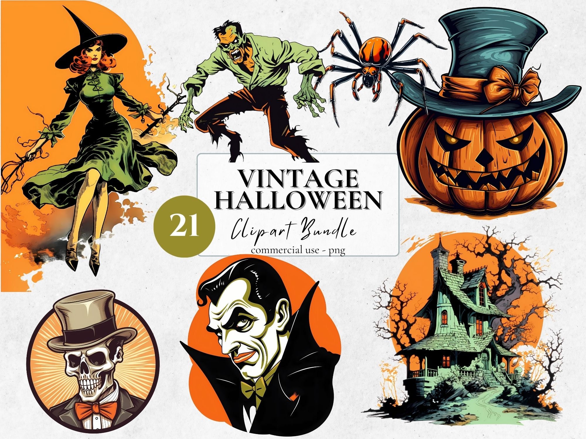 Vintage Halloween Clipart Bundle 20 PNG 1 Seamless Pattern - Etsy