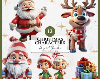 3D Christmas Characters Clipart Bundle | 12 PNG | Santa, Reindeer, Elves, Gnome - PNG Images for Crafts, Decor, and Holiday Season Projects
