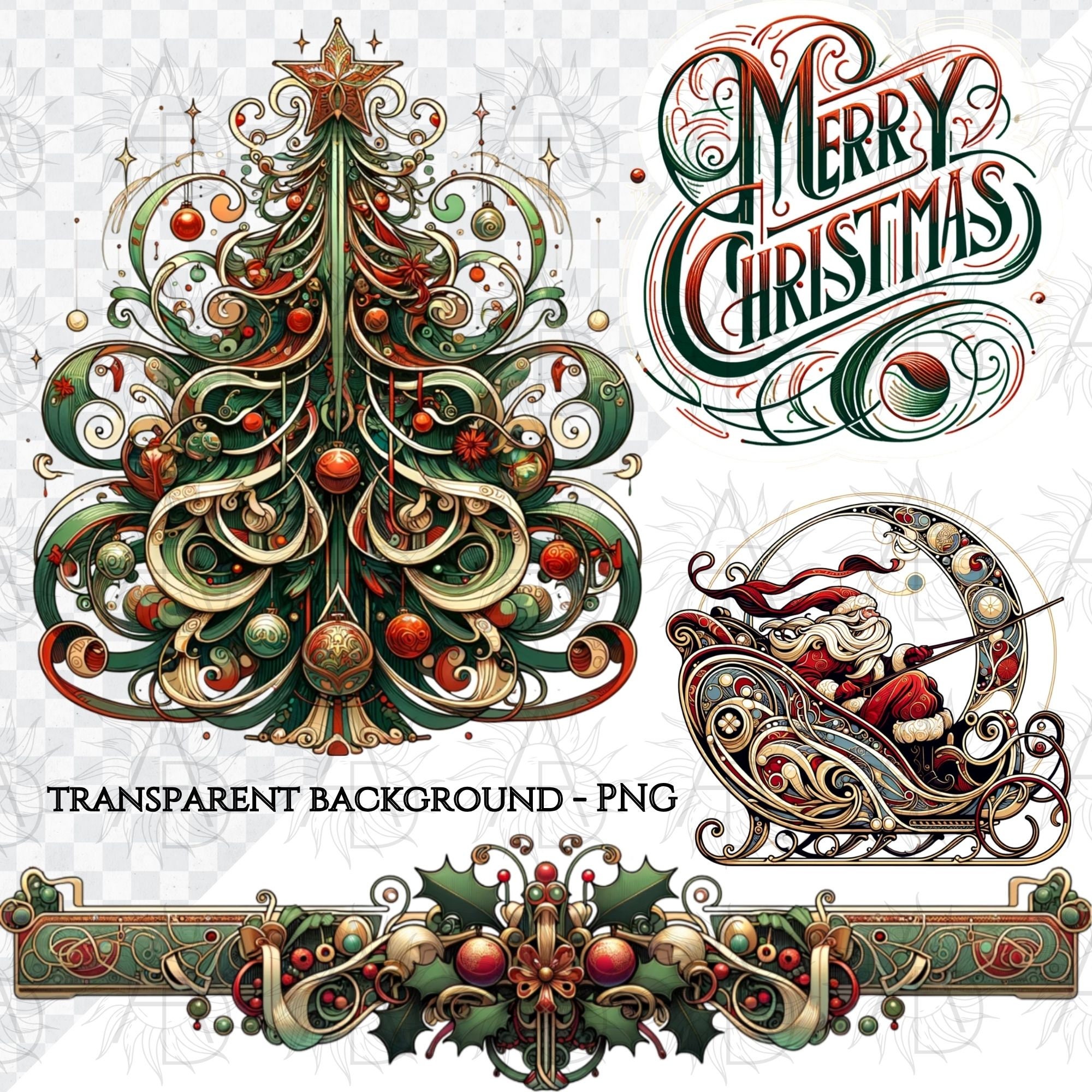 Art Nouveau Christmas Clipart Bundle 35 PNG Art Nouveau Style Vintage Christmas PNG Nouveau Art