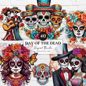 Lot de cliparts du jour des morts | 40 PNG | Dia de los Muertos Design Sugar Skull PNG Célébration mexicaine Sublimation Design Utilisation commerciale