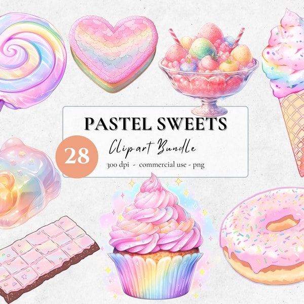 Pastel Sweets Clipart Bundle | PNG Bakery Clipart Pastel Rainbow Digital Print Sweet Treats Clipart Ice Cream Pastry Dessert Clipart