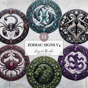 Zodiac Signs v4 Clipart Bundle | 12 PNG | Zodiac Birthstones png | Commercial use | Sublimation