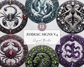 Puede incluir: Doce ilustraciones circulares ornamentadas de los signos del zodíaco. Cada signo está representado en un estilo detallado e intrincado con acentos de joyas. Los signos son: Escorpio, Piscis, Virgo, Cáncer, Leo y Capricornio.