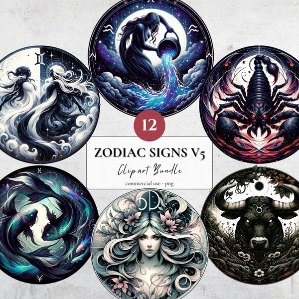 Zodiac Signs v5 Clipart Bundle | 12 PNG | Digital download | Commercial use | Sublimation