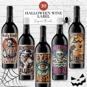 Halloween wijnetiket clipartbundel | 30 JPG | Halloweenfeestdecor DIY wijnetiket Vintage gotisch label voor Halloween-wijnsublimatie