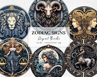Puede incluir: Un conjunto de 12 ilustraciones de signos del zodíaco. Cada signo está representado en un marco circular con detalles intrincados y un fondo azul oscuro. Los signos son Aries, Tauro, Géminis, Cáncer, Leo, Virgo, Libra, Escorpio, Sagitario, Capricornio, Acuario y Piscis.