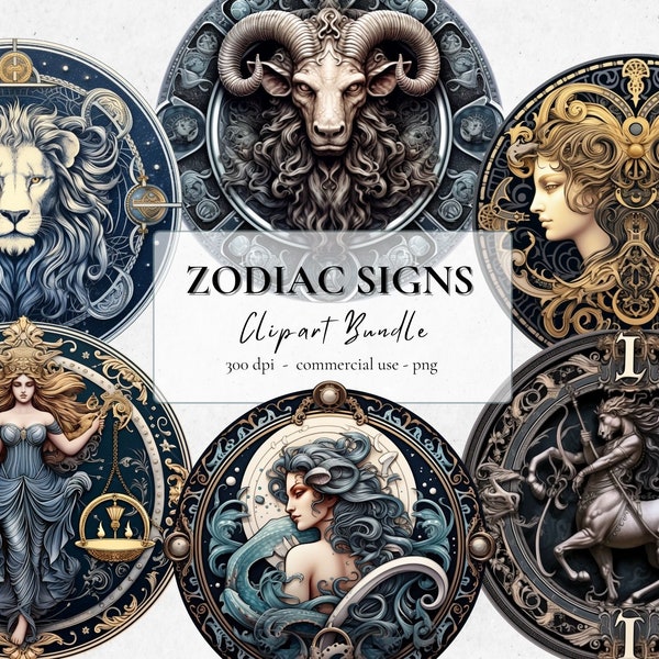 Zodiac Signs Clipart Bundle | 12 PNG | Digital download | Commercial use | Dark Fantasy