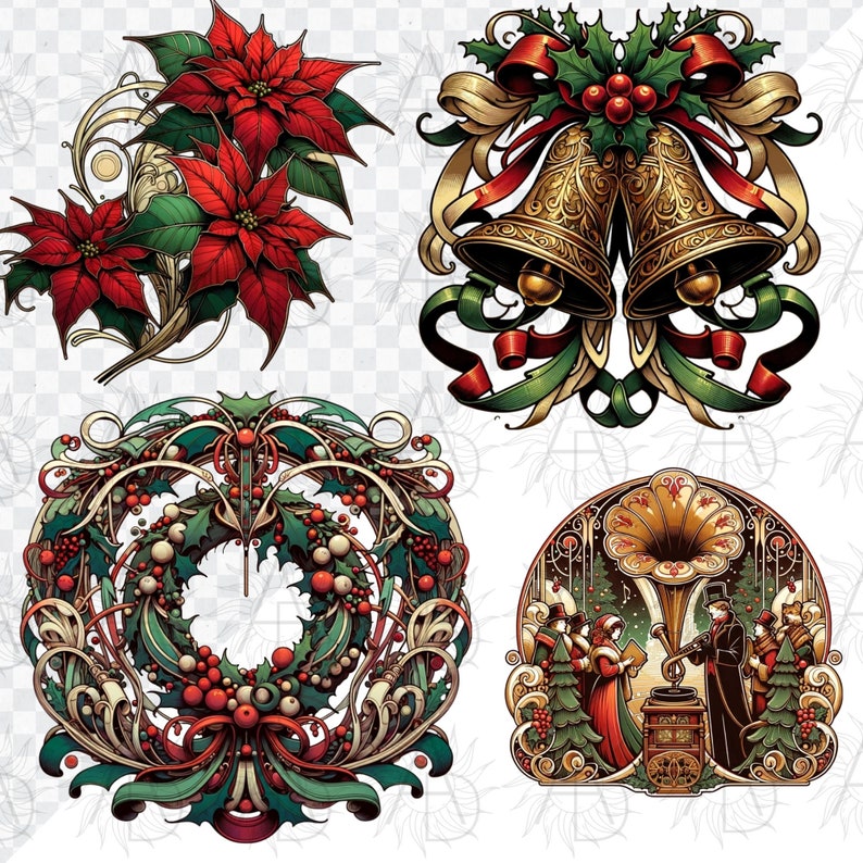 Art Nouveau Christmas Clipart Bundle 35 PNG Art Nouveau Style Vintage Christmas PNG Nouveau Art