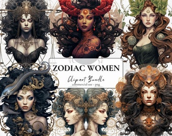 Puede incluir: Un paquete de arte digital con seis retratos de mujeres que representan signos del zodíaco. Cada mujer está adornada con elementos simbólicos como cuernos, hojas y serpientes. Se muestra el texto "ZODIAC WOMEN Clipart Bundle commercial use - png".