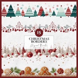 Lot de cliparts frontières de Noël | 15 PNG | Bordure transparente de Noël Motif reproductible Scrapbooking numérique Cartes de voeux Décoration de Noël