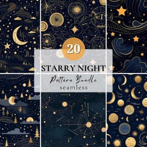 Sternenklare Nacht Muster Bundle 20 Nahtlose Muster PNG Sternenkarte Galaxie Astronomie Illustration Hintergrund