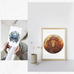 May include: A framed print of a lion with a golden mane and a watercolor illustration of a blue crab on a white card. The lion print is in a wooden frame. The crab illustration is held by a person.