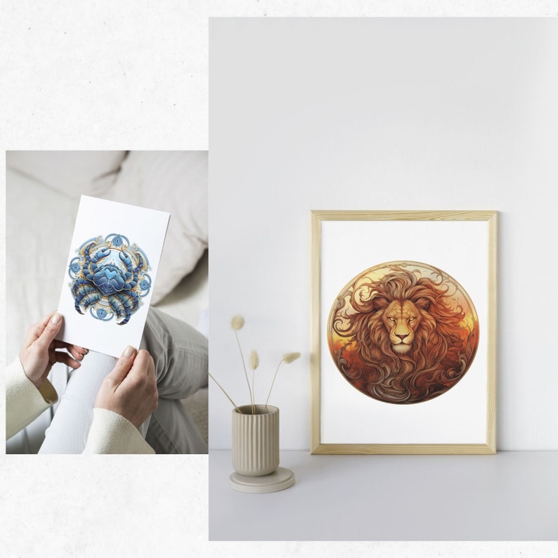 May include: A framed print of a lion with a golden mane and a watercolor illustration of a blue crab on a white card. The lion print is in a wooden frame. The crab illustration is held by a person.