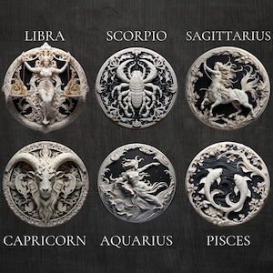 Puede incluir: Un conjunto de doce signos del zod&iacute;aco, cada uno representado en una talla en relieve circular. Los signos son Libra, Escorpio, Sagitario, Capricornio, Acuario, Piscis, Aries, Tauro, G&eacute;minis, C&aacute;ncer, Leo y Virgo. Cada signo est&aacute; rodeado de intrincados dise&ntilde;os florales y se coloca sobre un fondo oscuro.