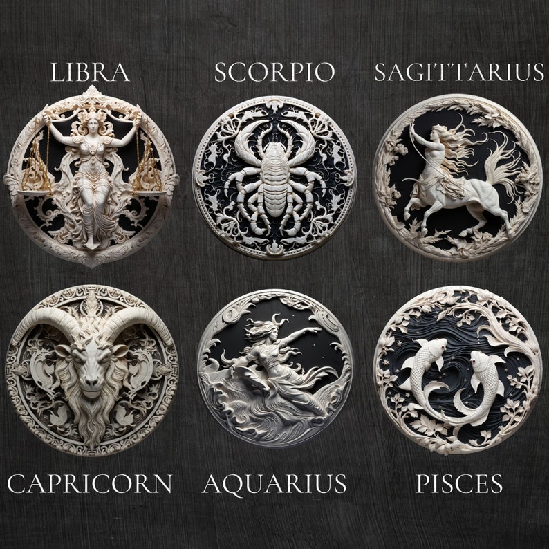 Puede incluir: Un conjunto de doce signos del zod&iacute;aco, cada uno representado en una talla en relieve circular. Los signos son Libra, Escorpio, Sagitario, Capricornio, Acuario, Piscis, Aries, Tauro, G&eacute;minis, C&aacute;ncer, Leo y Virgo. Cada signo est&aacute; rodeado de intrincados dise&ntilde;os florales y se coloca sobre un fondo oscuro.